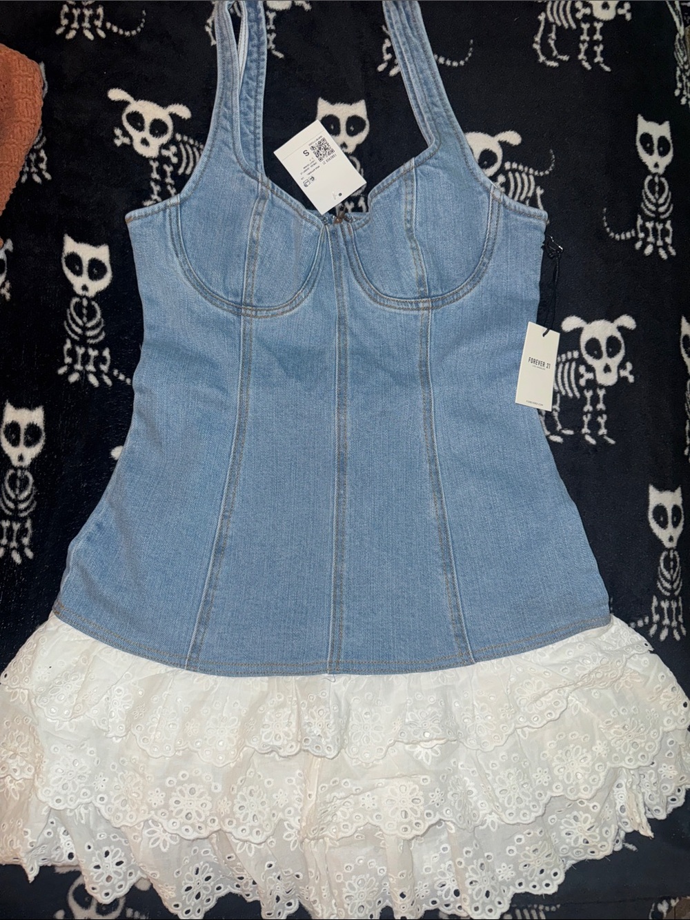 Forever 21 Light Blue Denim Mini Dress with White Eyelet Ruffle